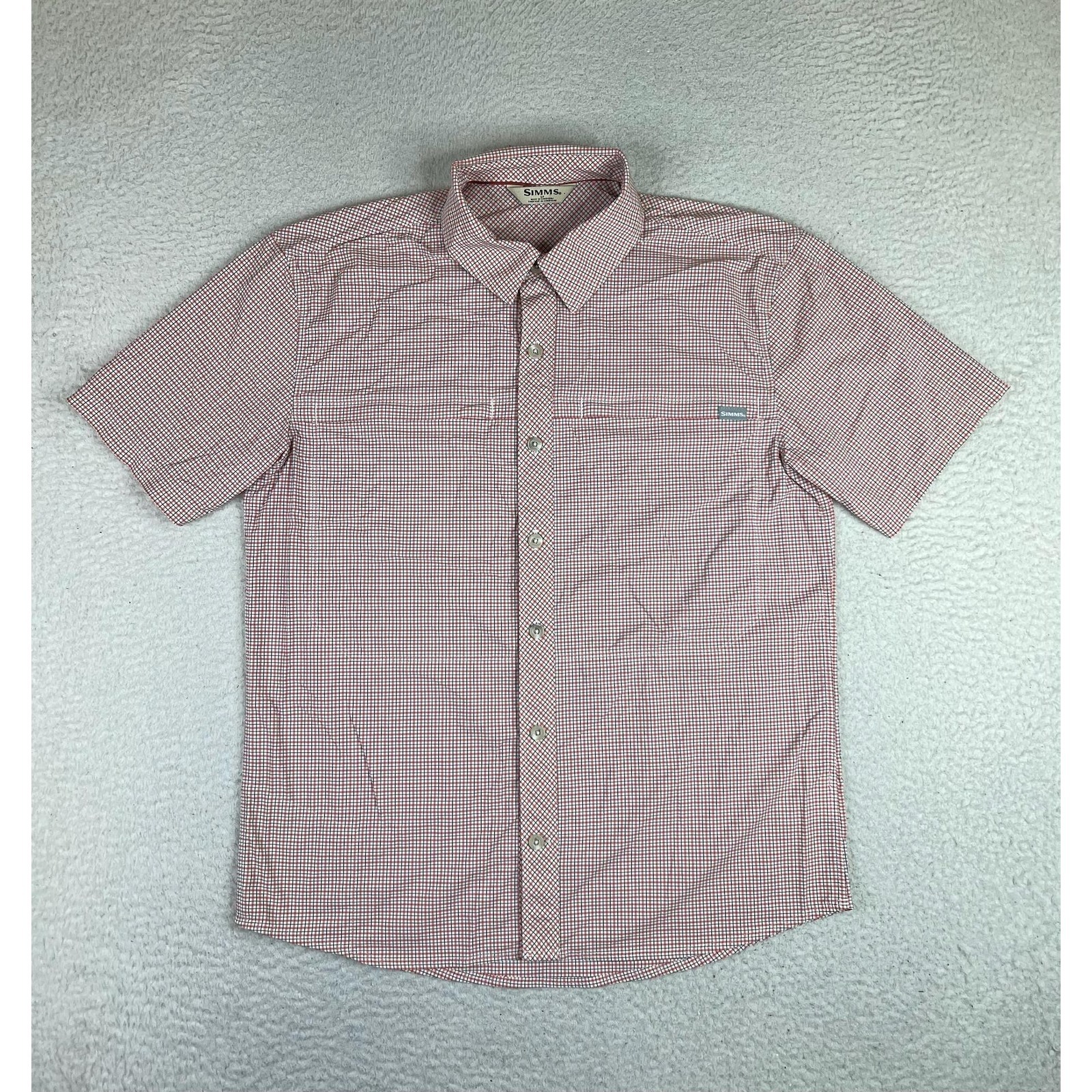 Simms Shirt Men's Medium Red Check Short Sleeve Button Up Fishing Brrr Nylon